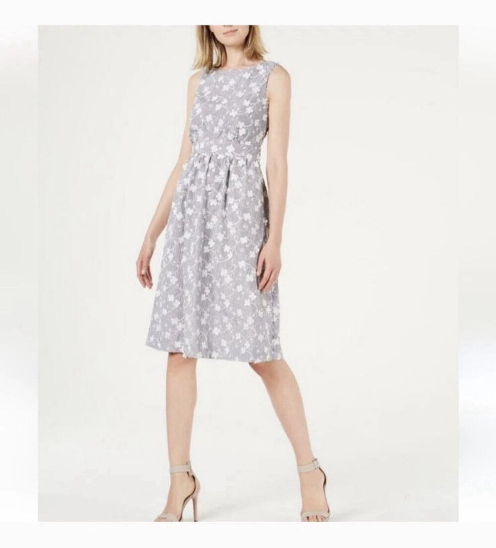 Calvin Klein Floral 3D Embroidered Seersucker Midi Dress Women's 14 Navy Striped
